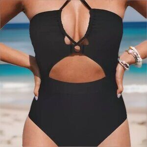 Cupshe Women One Piece Swimsuit L Black Cutout High Waist Crisscross Back Cheeky